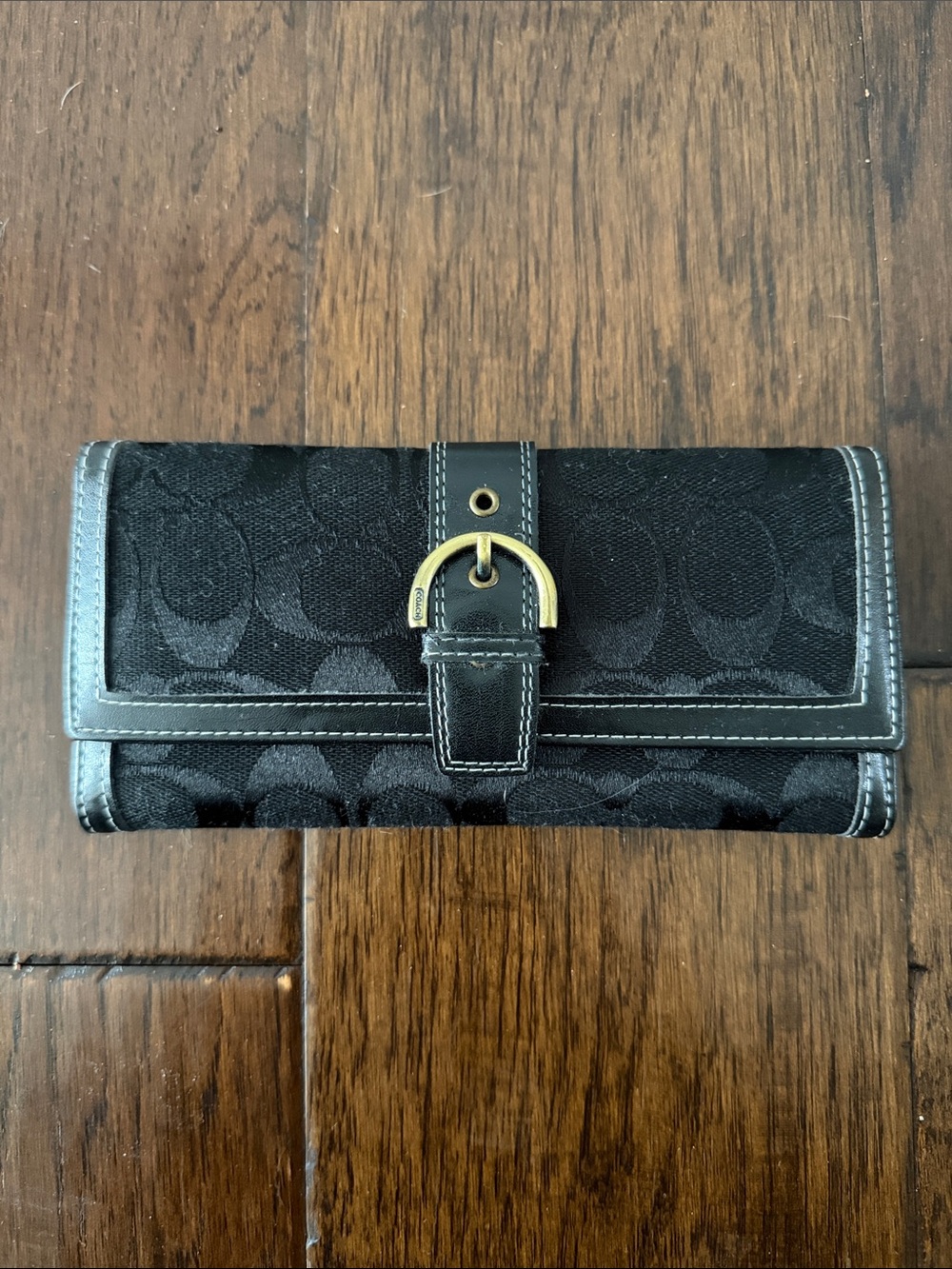 Coach Black Signature Canvas Continental Wallet with Gold Buckle